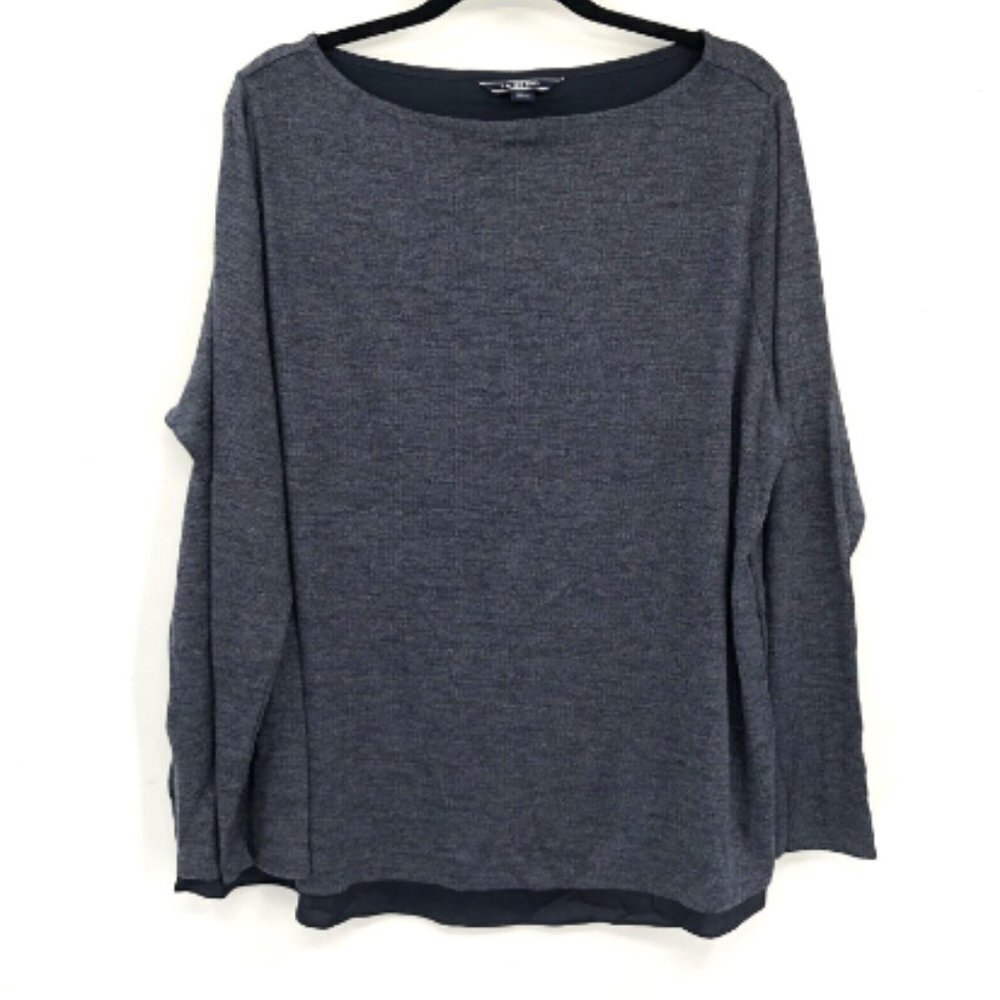 LAND'S END Bateau Neck Split Back Top Flowy Mixed Media Knit Satin Blue Plus 1X